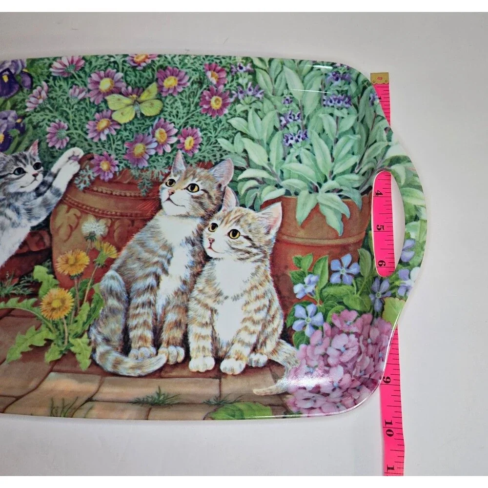 Melamine Ware Flowers/Felines Kittens Cats Rectangle Serving Tray Raised Edge
